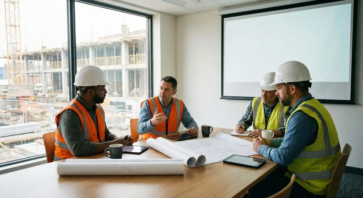 Bauteam bei der Planung mit Tablet